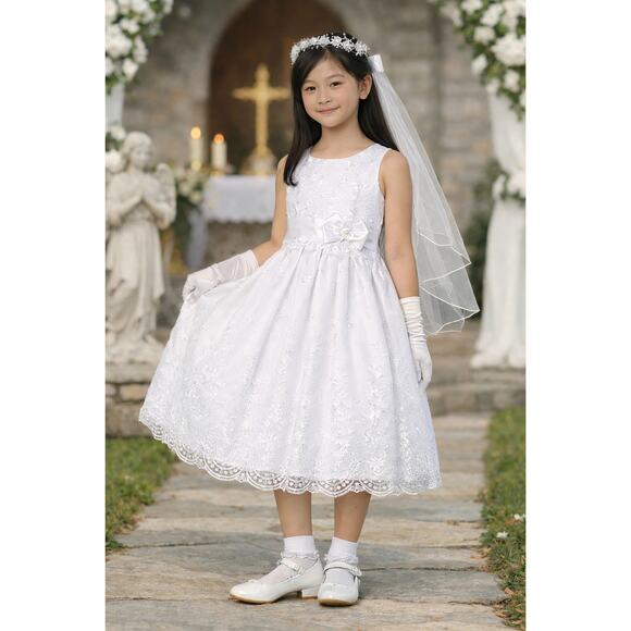 NEW Girls First Holy Communion Dress Size 12 -Embroidered Organza w/Satin  Ribbon